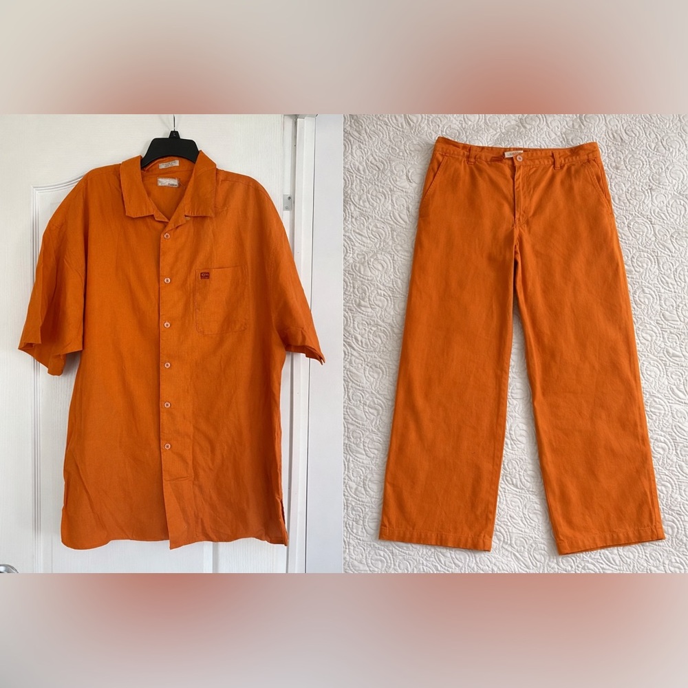 Vintage KOMAN Y2K Linen Blend Shirt & Pants Set Mens 2XL Orange Skater Surf Fit